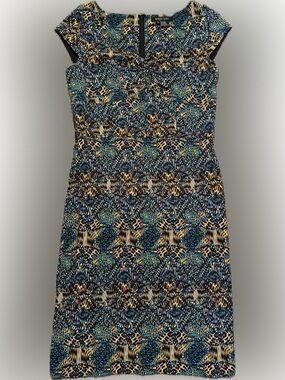 Etcetera Size 10 Geometric Multicolor Printed Dress in Teal, Black & Tan
